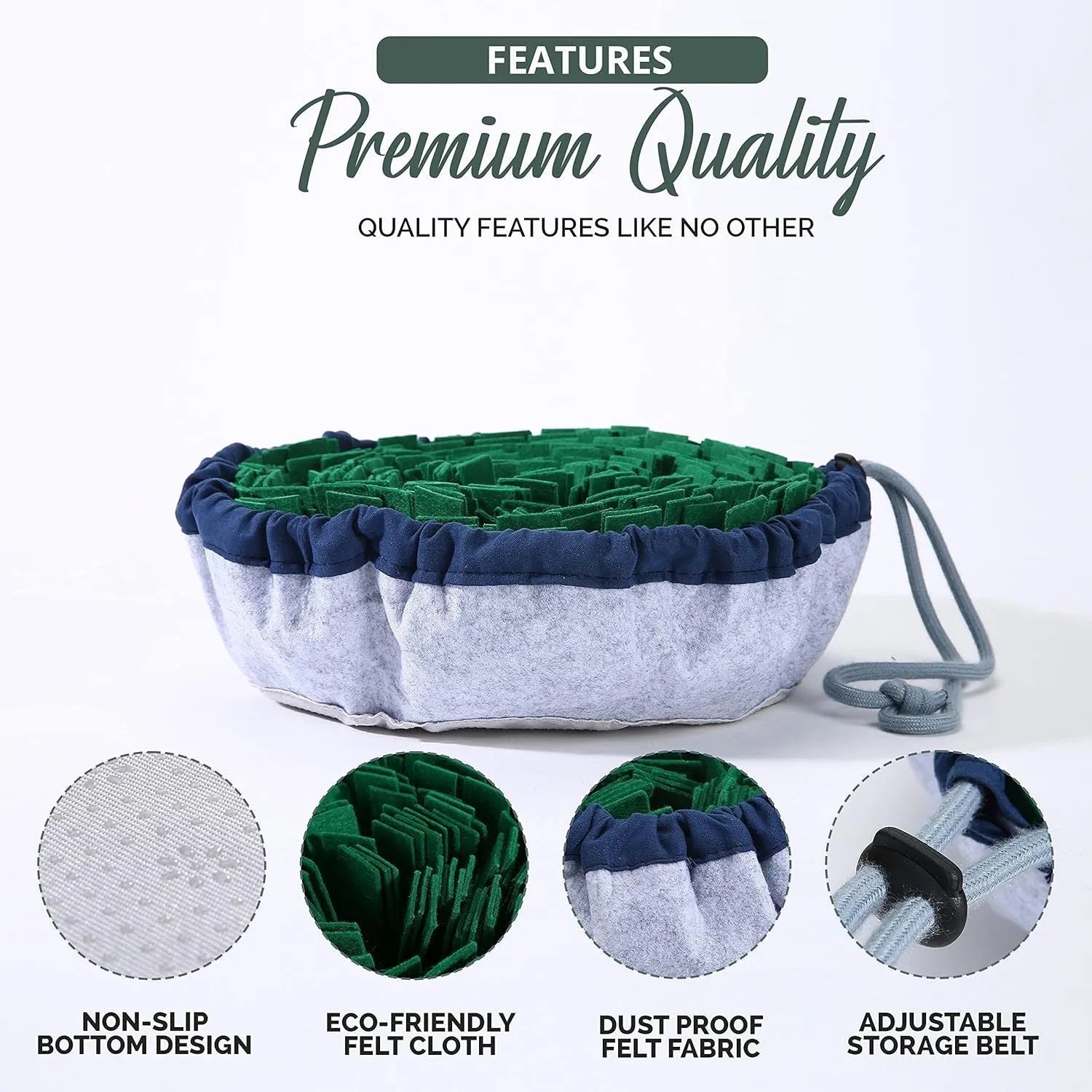 Blue adjustable snuffle mat for dogs with removable insert and fleece fabric strips