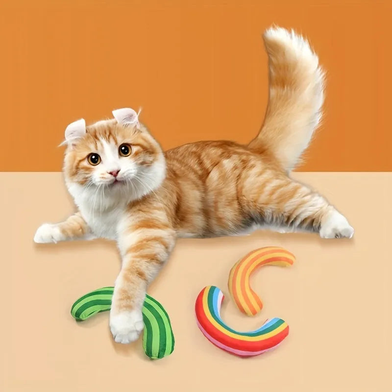 Green striped plush cat pillow toy with built-in catnip, measuring 23cm by 20cm.