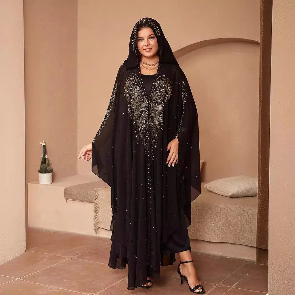 Purple rhinestone beaded Muslim style chiffon shawl draped over a mannequin.
