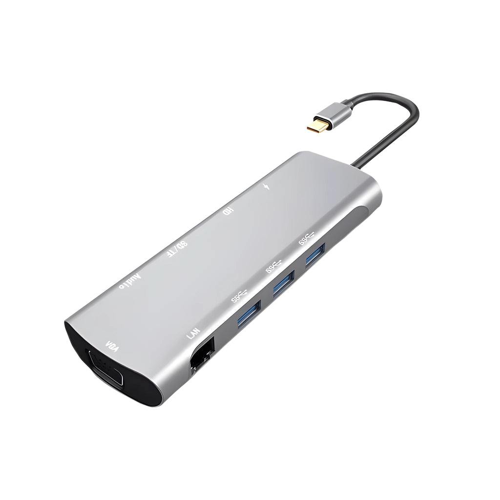 Grey aluminium USB-C docking station with HDMI, VGA, USB ports, and a short connecting cable