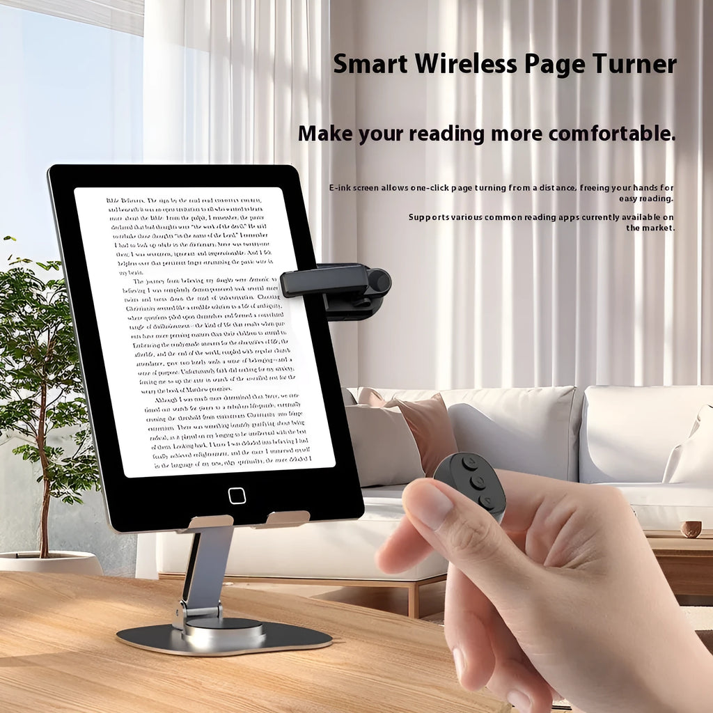 Wireless page turner remote control in black, pink, or white colour with clickers for tablets and phones.