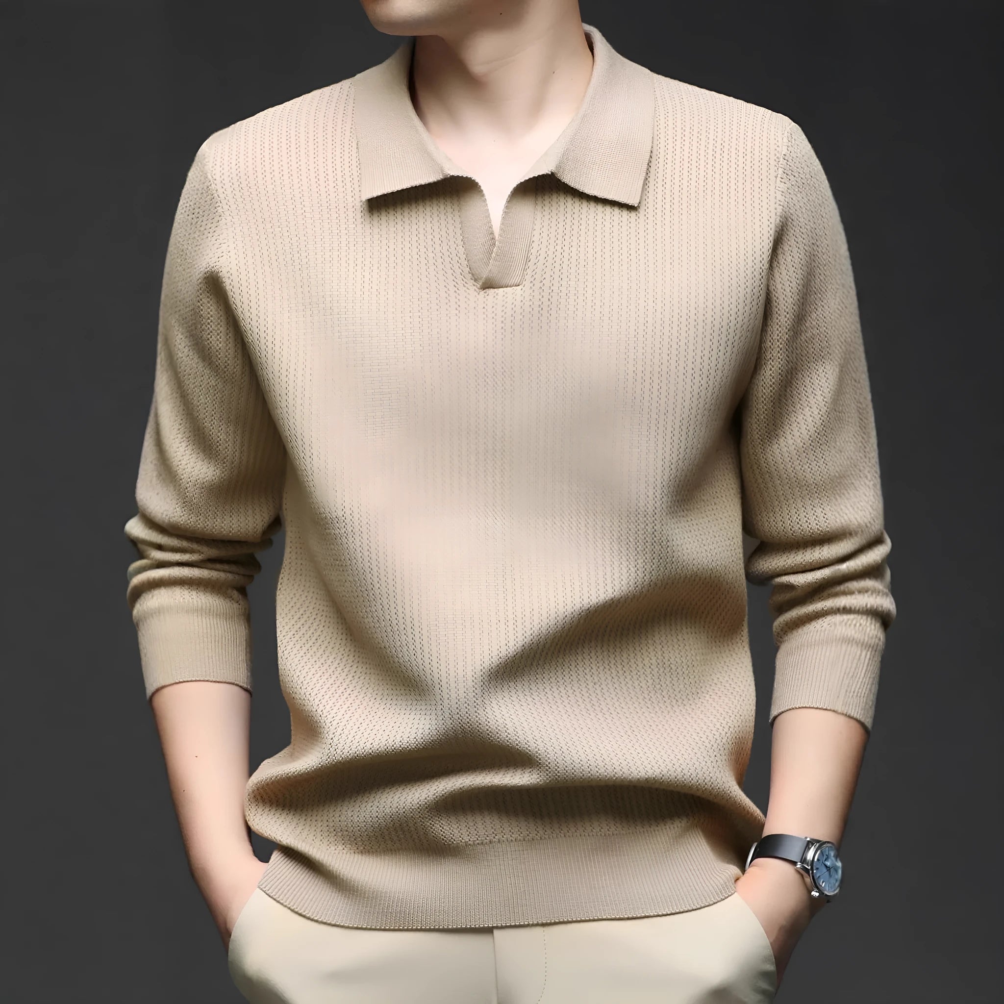 Men's loose fit casual pullover sweater in green, shown on a model.