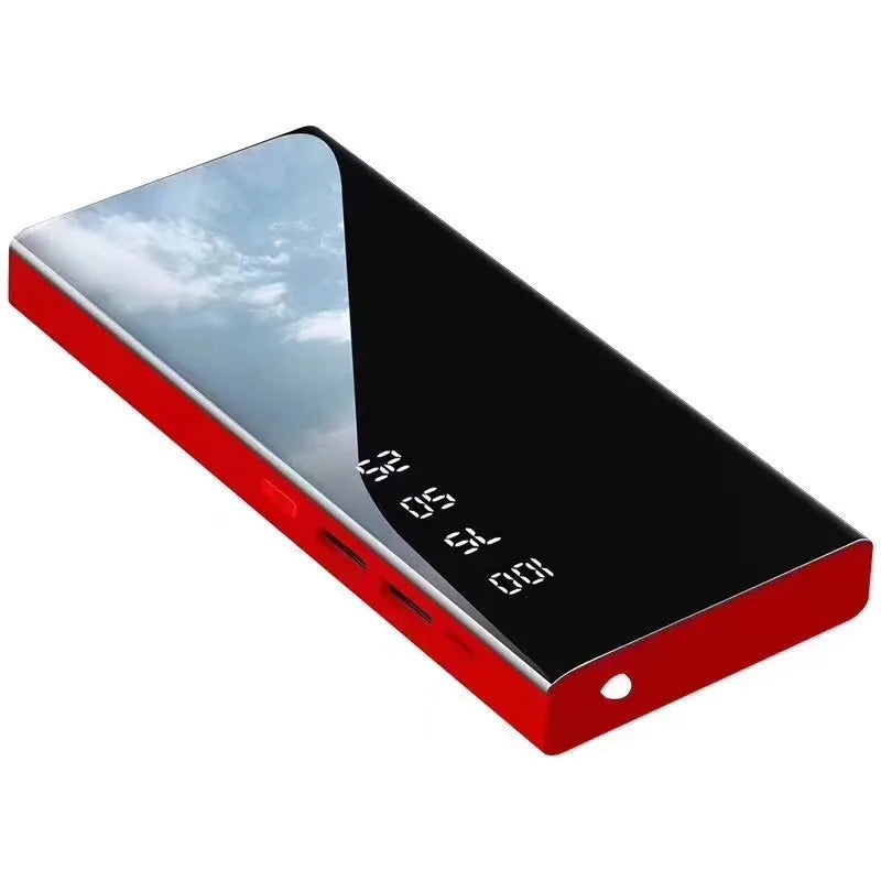 Black 20000mAh power bank with LCD display screen and dual USB ports.