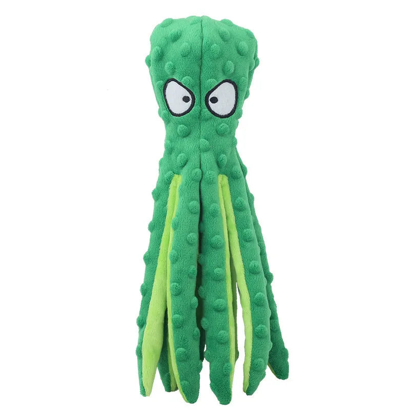 Blue octopus plush dog squeaky toy with no stuffing on a white background.