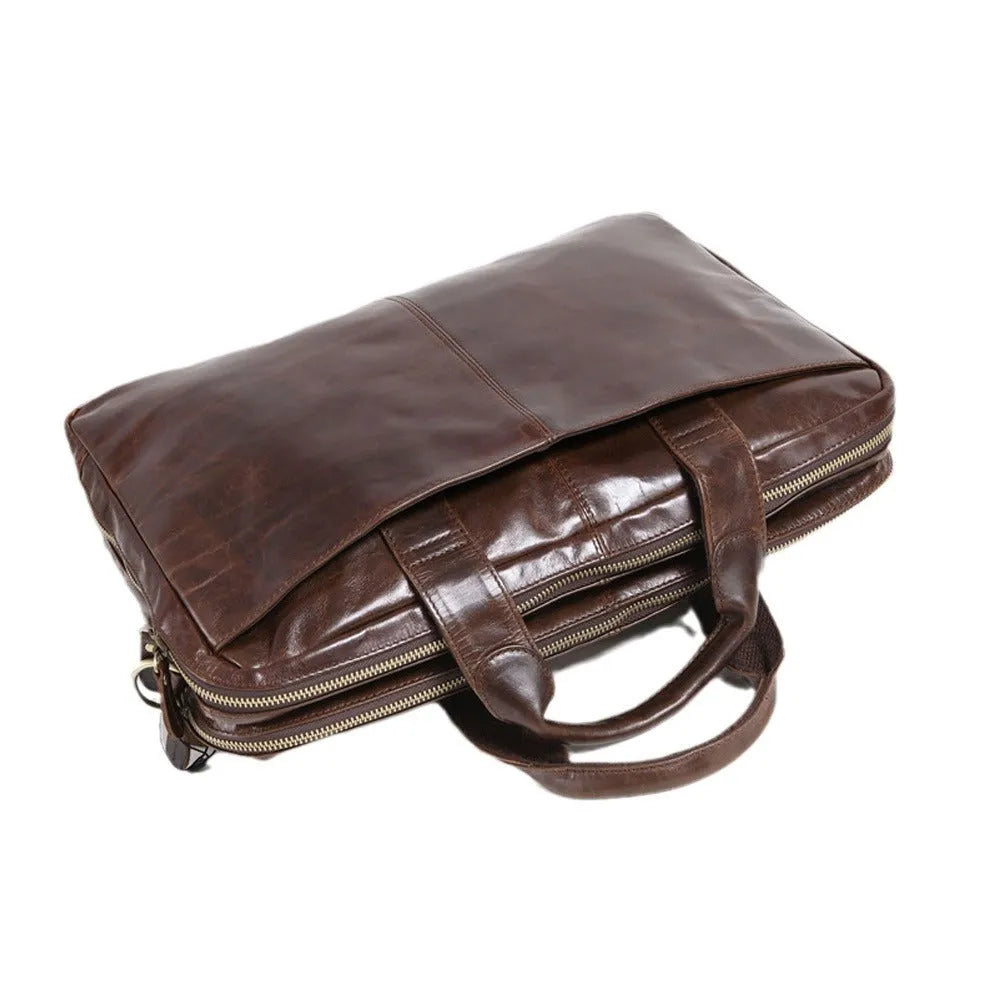Brown leather men's business briefcase with 18-inch size and visible grain pattern