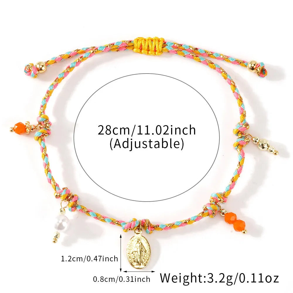 Hand-woven ethnic style bracelet made from colourful braided rope with carrying strap detail