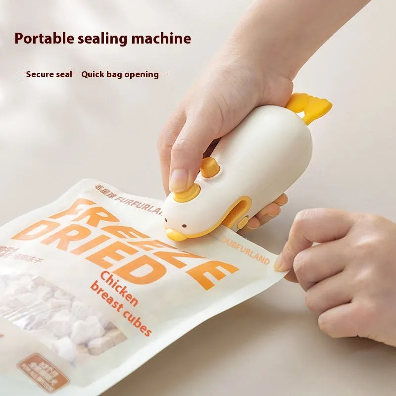 Yellow duck patterned rechargeable handheld vacuum food sealer with USB charging cable.