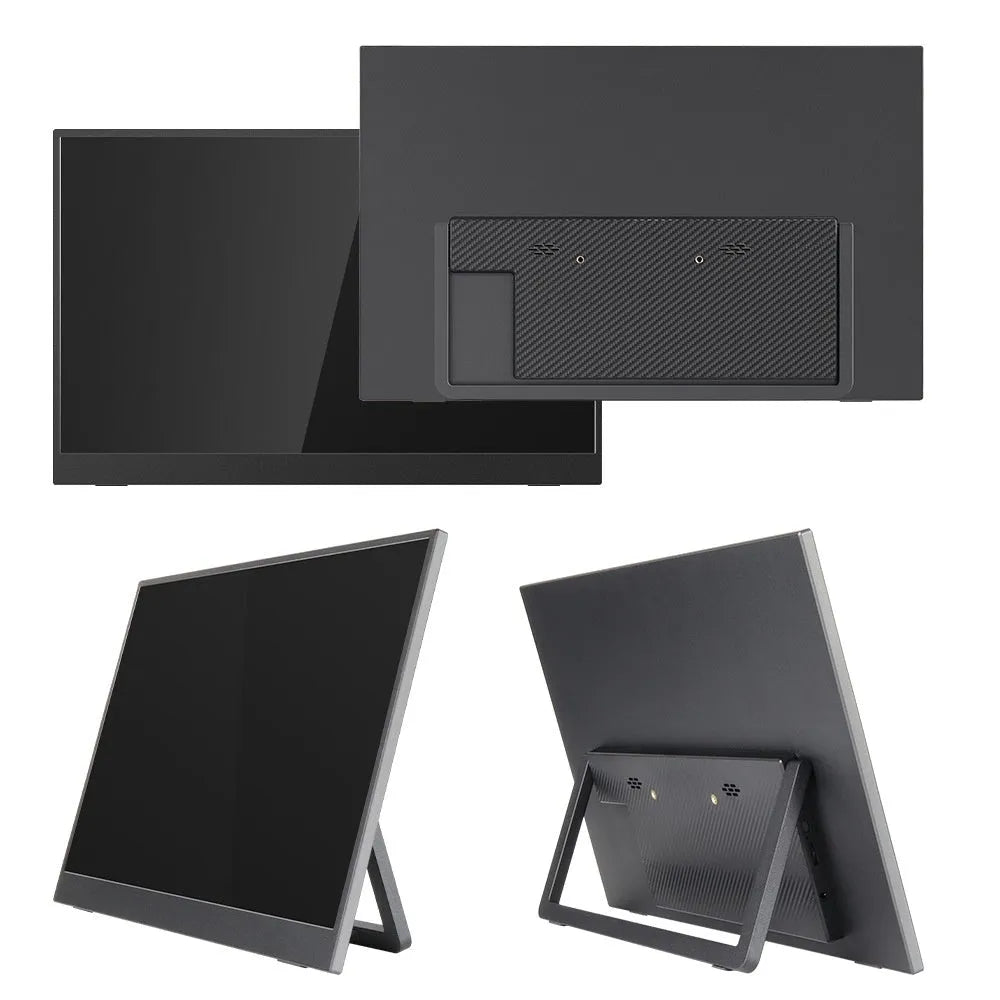 Black 15.6-inch portable LED monitor with adjustable stand on desk