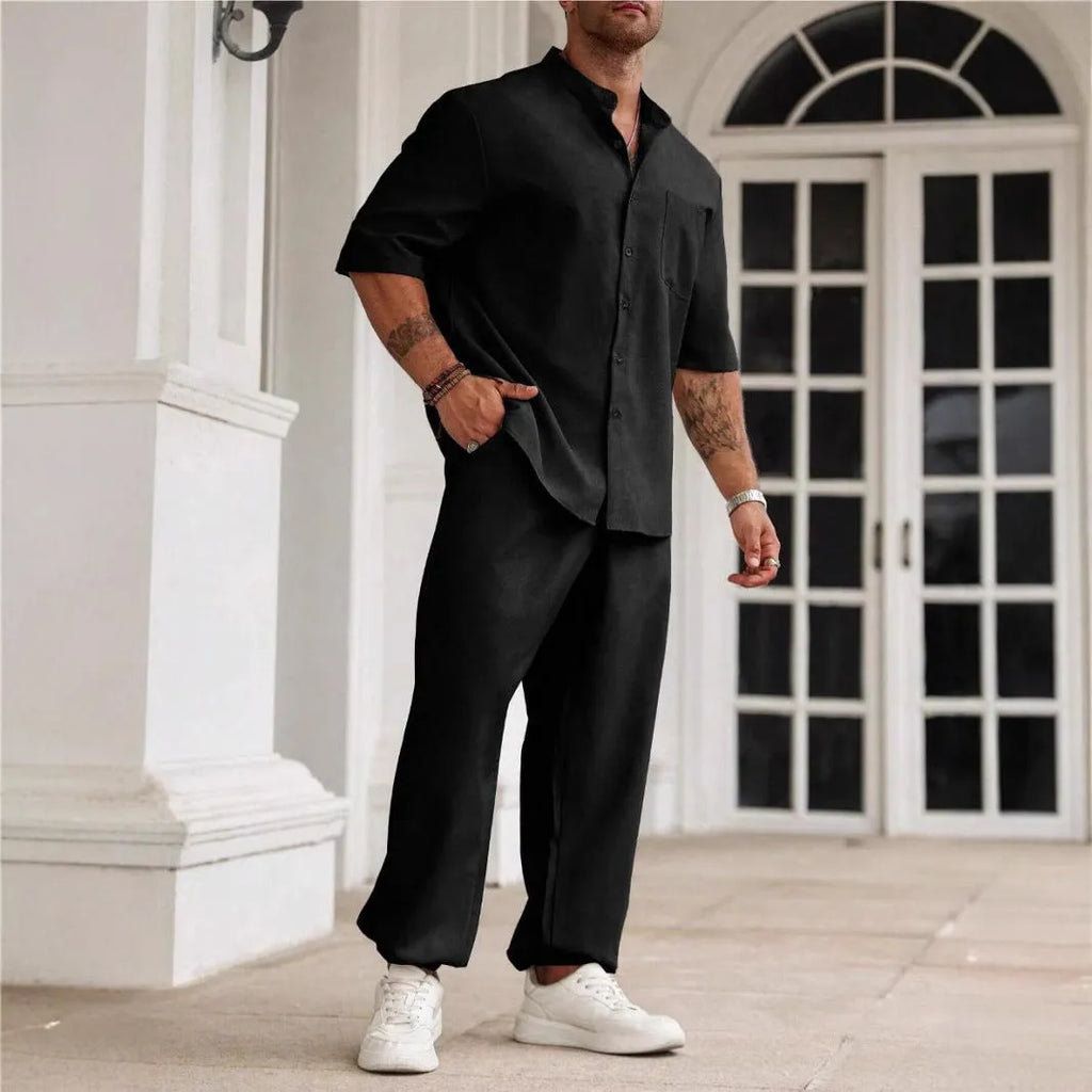 Men's casual cotton linen trousers set with button short-sleeve shirt in black, gray, and apricot colours