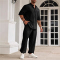 Men's casual cotton linen trousers set with button short-sleeve shirt in black, gray, and apricot colours