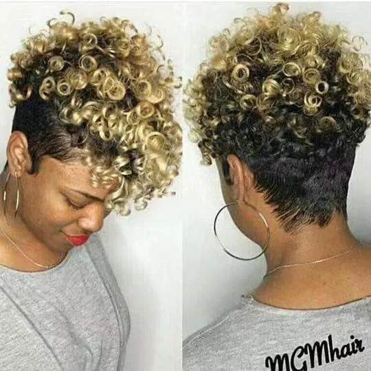 Women's short synthetic wig with simple rolls style in Kanekalon hair, showing exotic design.