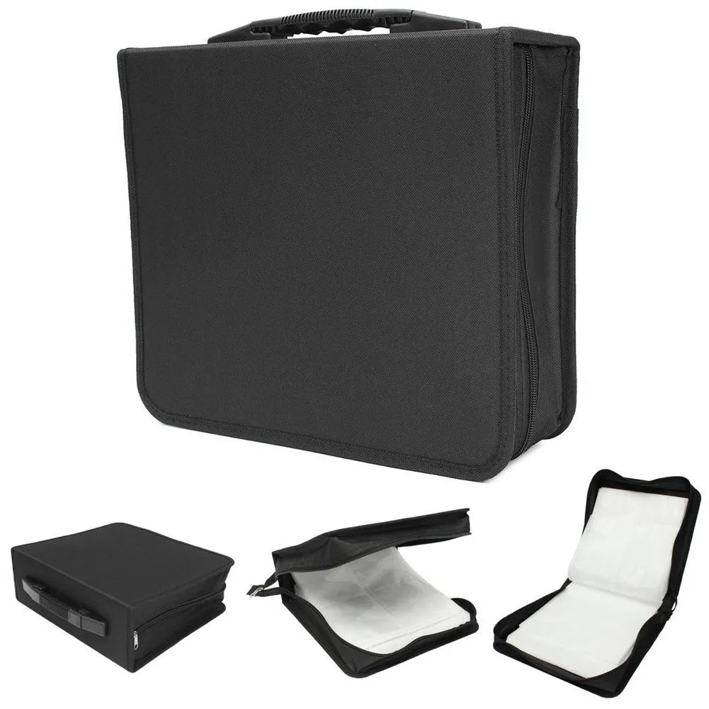 Black Oxford fabric CD storage binder case with a zipper and top hand strap.