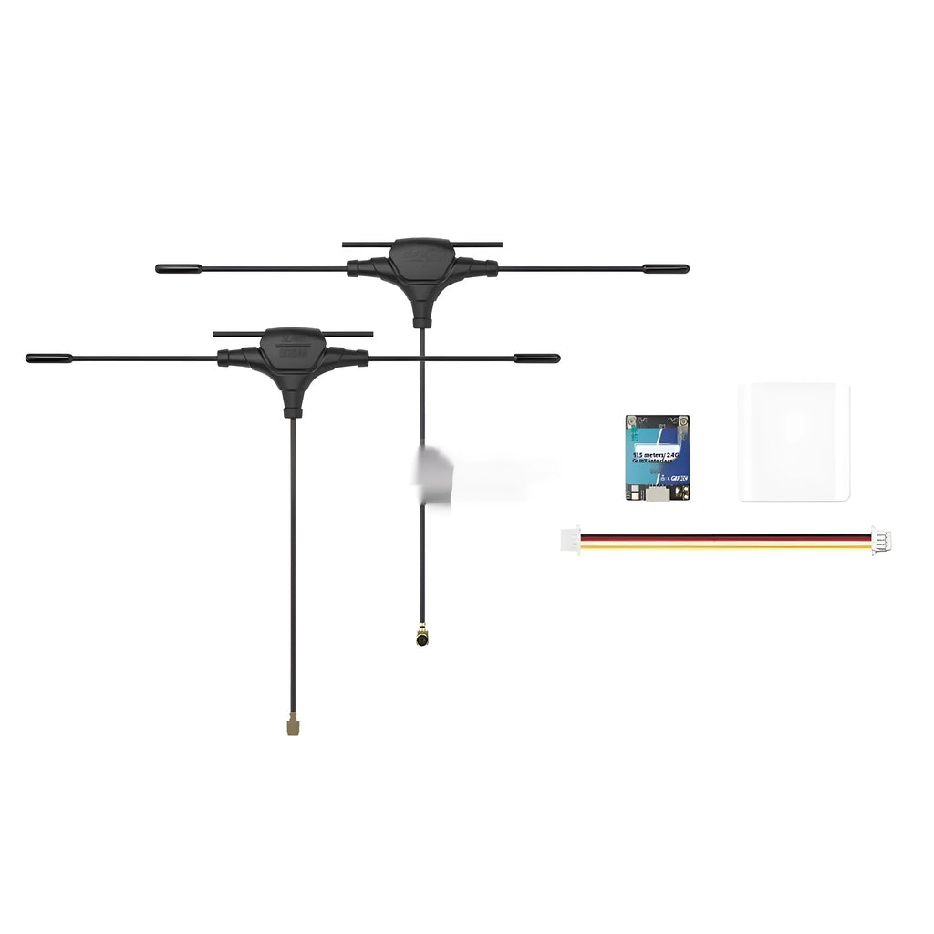 ELRS 915MHz/2.4GHz dual-frequency FPV drone receiver module with T-shaped antennas and metal housing