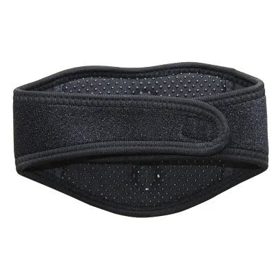 Black self-heating magnetic therapy neck guard with adjustable straps on a flat surface.