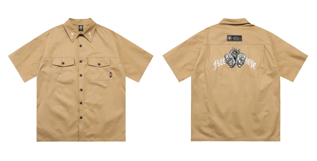 Men's black cotton blend shirt with embroidery, loose fit with half sleeves