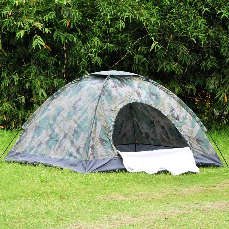 Double camouflage outdoor camping tent with steel ground nails and mesh windows