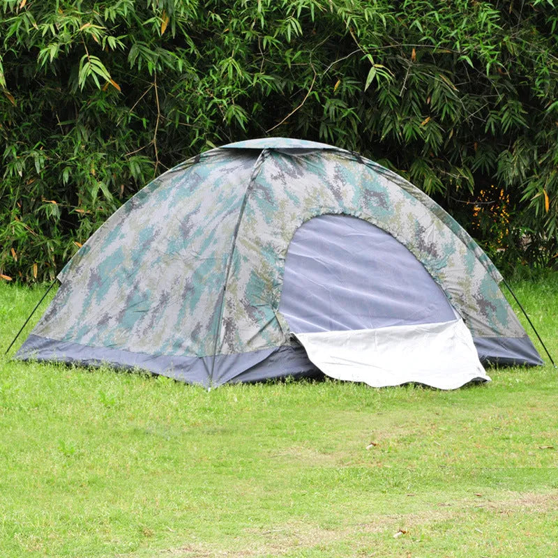Double camouflage outdoor camping tent with steel ground nails and mesh windows