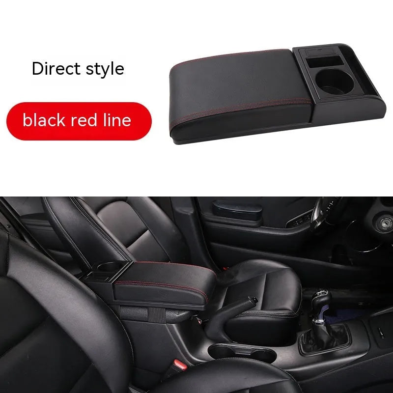 Universal plastic car armrest cover shown in black with red cord pattern on a car centre console.