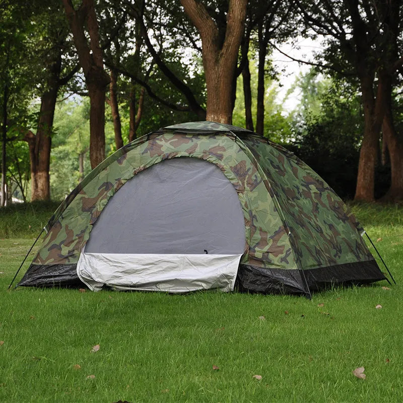 Double camouflage outdoor camping tent with steel ground nails and mesh windows