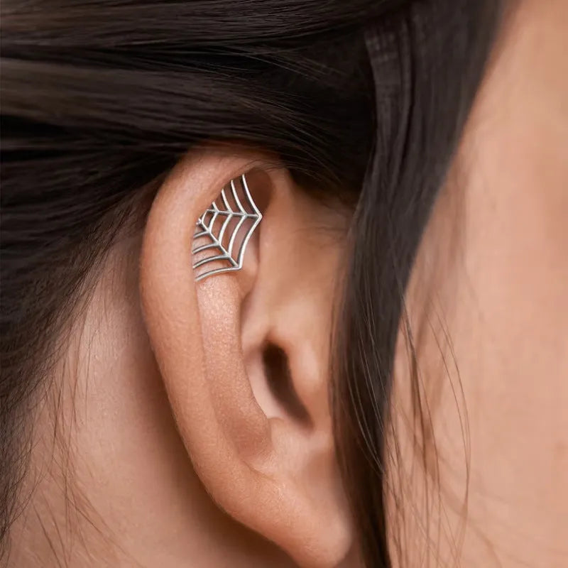 Spider web stud earrings with geometric mesh design in gold and silver electroplated finishes