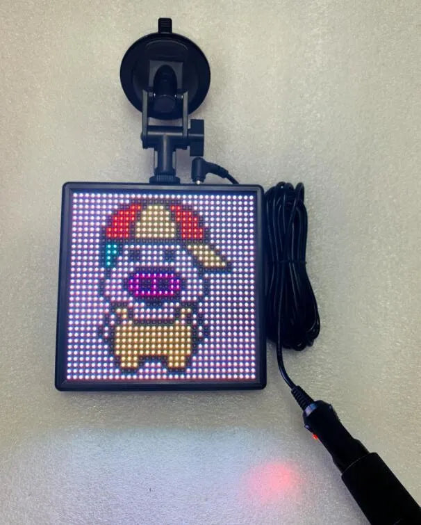 Bluetooth wireless LED car display screen with aluminium frame showing colourful animation