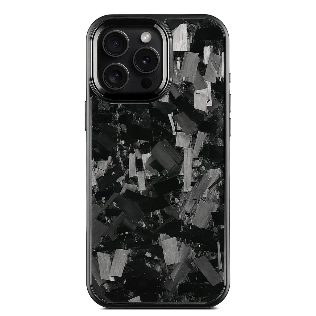 iPhone 17 protective case with black metal frame, blue gold carbon fibre forged pattern, and magnetic feature on back.