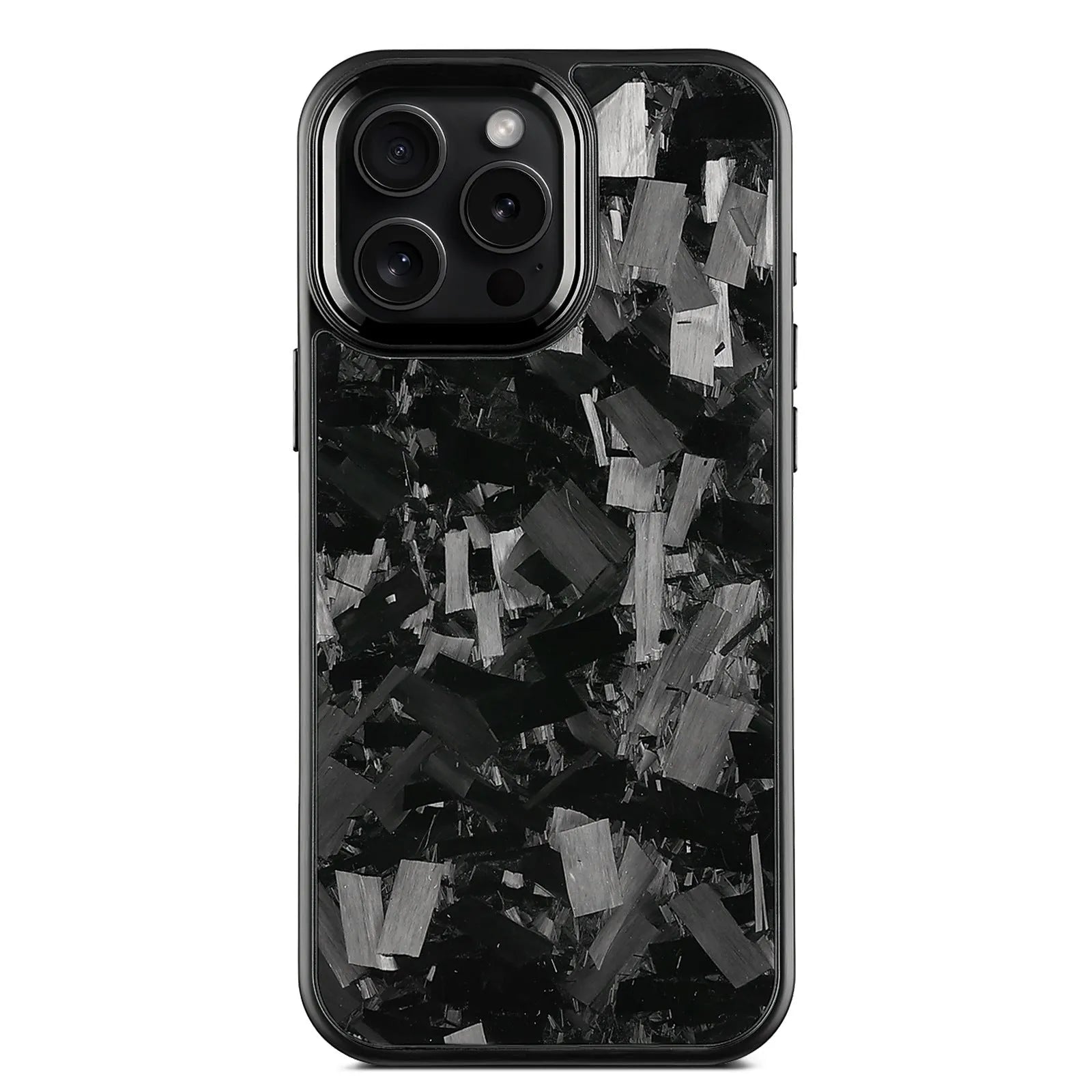 iPhone 17 protective case with black metal frame, blue gold carbon fibre forged pattern, and magnetic feature on back.
