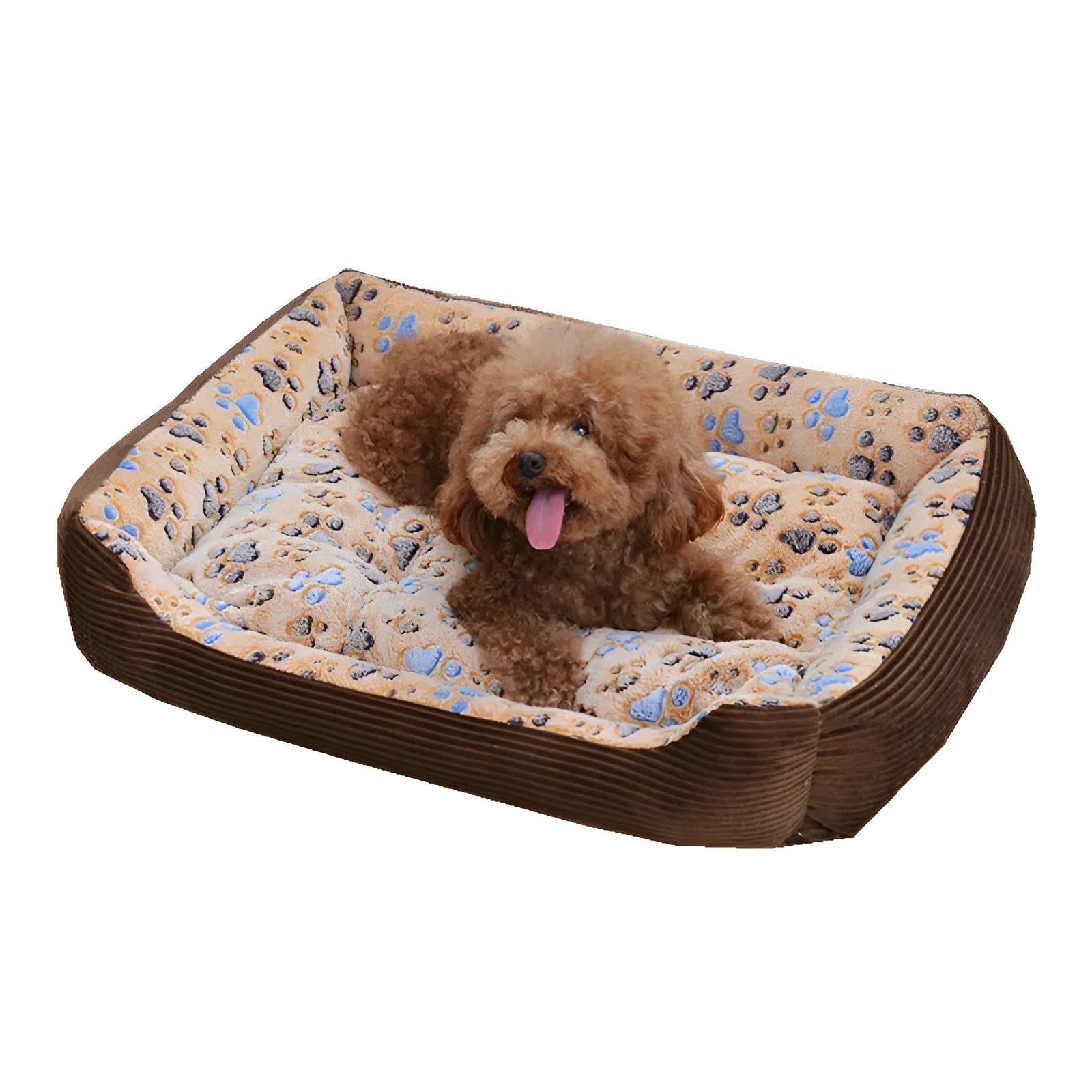 Beige plush dog bed with raised sides shown on a wooden floor.