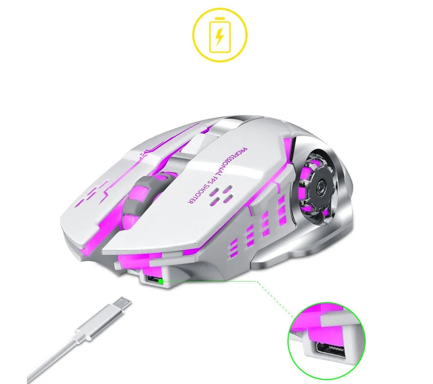 Black and white wireless computer mouse with six buttons and scroll wheel