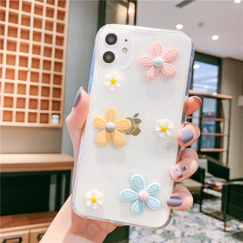 Girl heart design soft rubber iPhone case with New Year's flowers pattern on pink background