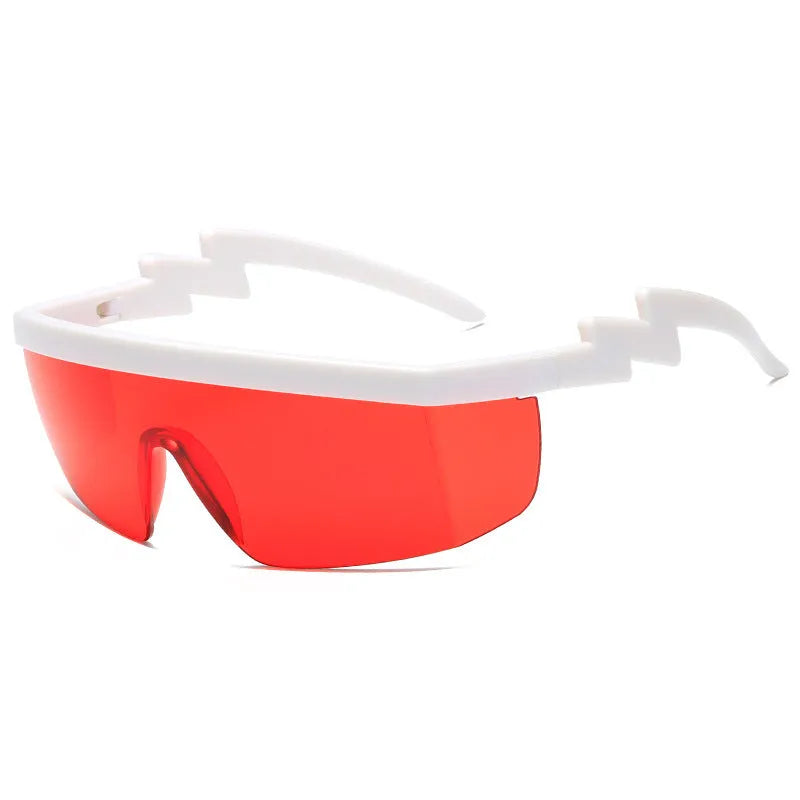 One-piece sports sunglasses with lightning bolt temple legs and polycarbonate lenses