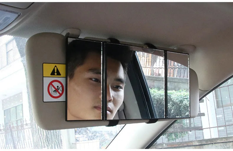 Silver car folding makeup mirror shown both closed at 15.5cm and open at 30.5cm width
