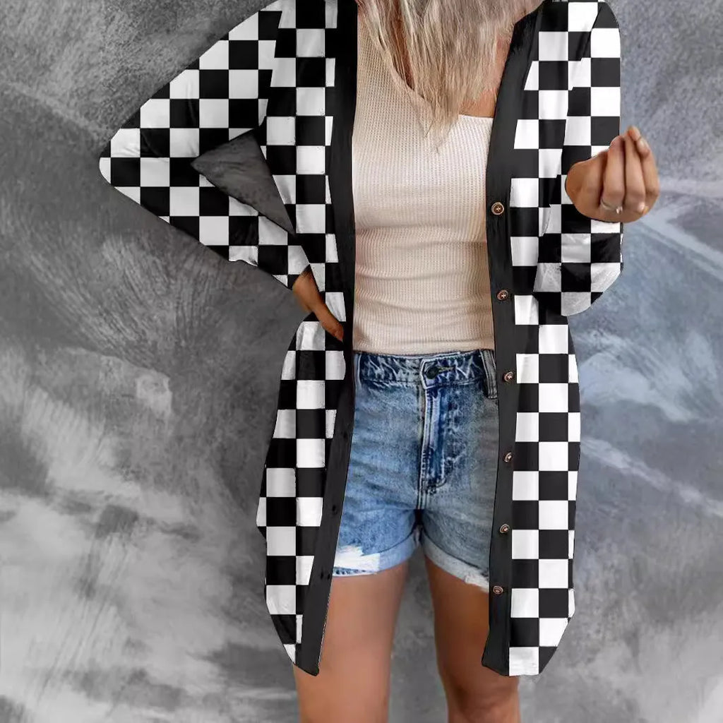 Women's long plaid coat loose knitted cardigan in street fashion style