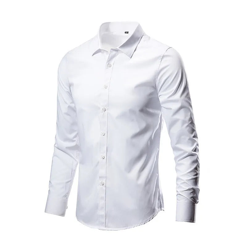 Men's slim fit long-sleeve linen shirt on a hanger, shown in a light grey colour with button front.