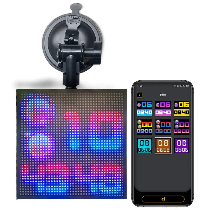 Bluetooth wireless LED car display screen with aluminium frame showing colourful animation