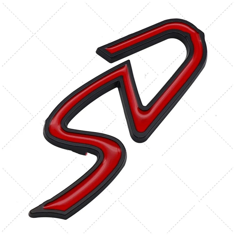 Metal car bumper sticker showing SD pattern in red and silver colours with dimensional raised lettering