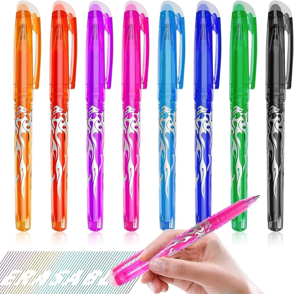 Pack of heat-erasable gel pens with plastic bodies and stainless steel nibs, showing multiple colour options.