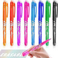 Pack of heat-erasable gel pens with plastic bodies and stainless steel nibs, showing multiple colour options.