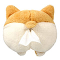 Yellow soft plush corgi butt shaped tissue box cover with elastic straps for car visor.