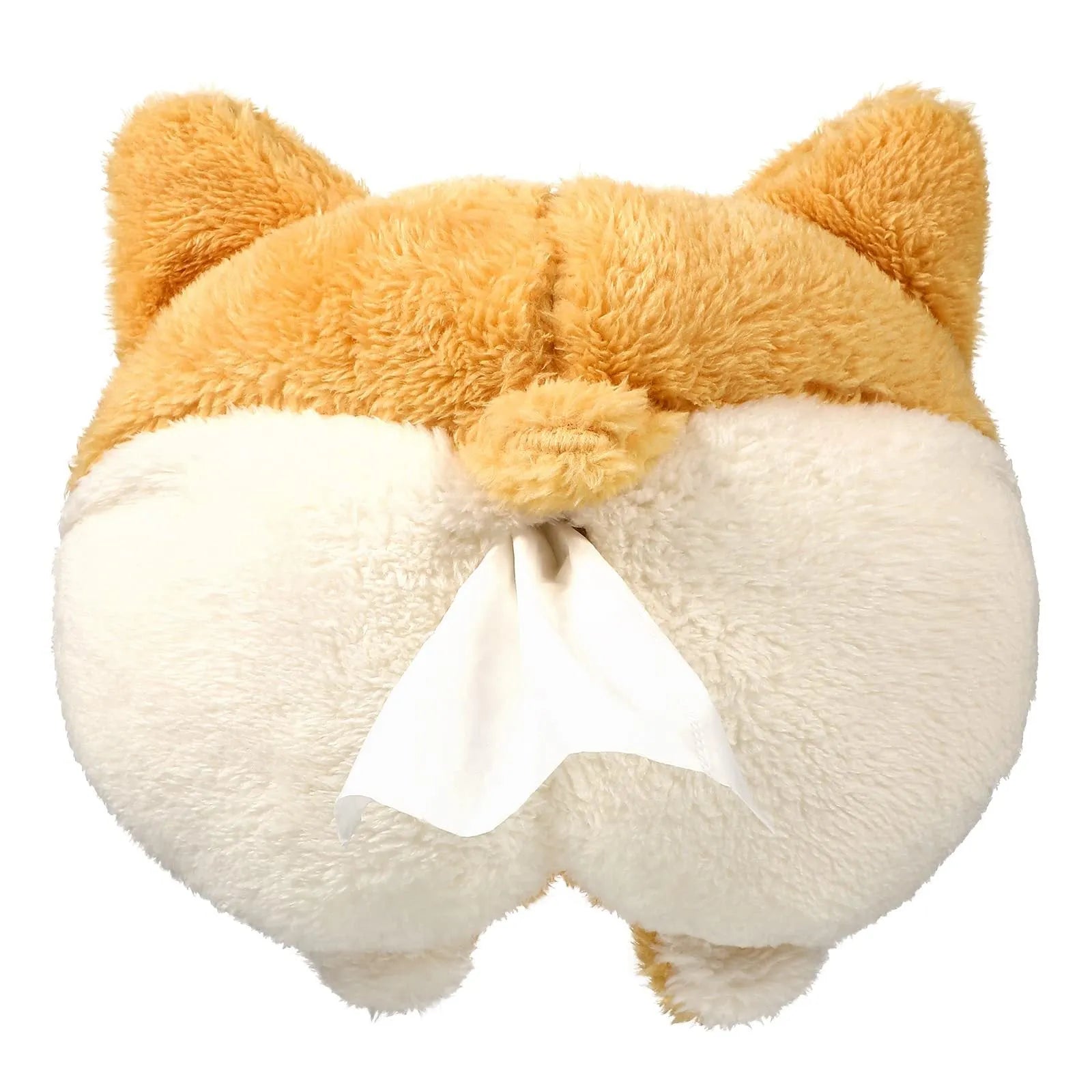 Yellow soft plush corgi butt shaped tissue box cover with elastic straps for car visor.