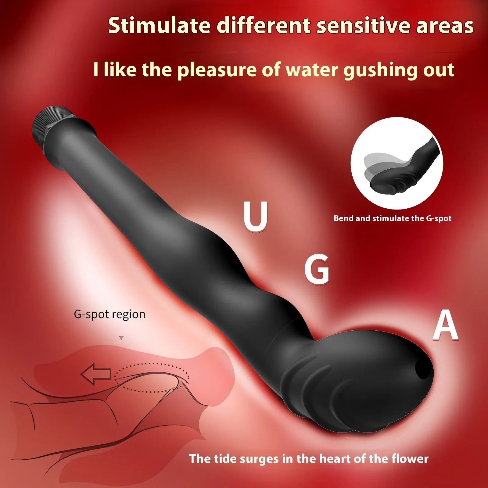 Black silicone hosepipe flusher for enema procedures, shown in large and small size options