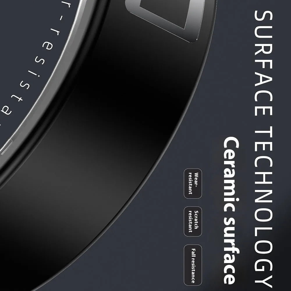 Black ceramic smart ring for health monitoring on a finger, showing charging case.