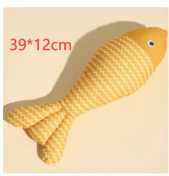 Red, yellow, and blue catnip-filled fish toys in large and medium sizes on a white background.