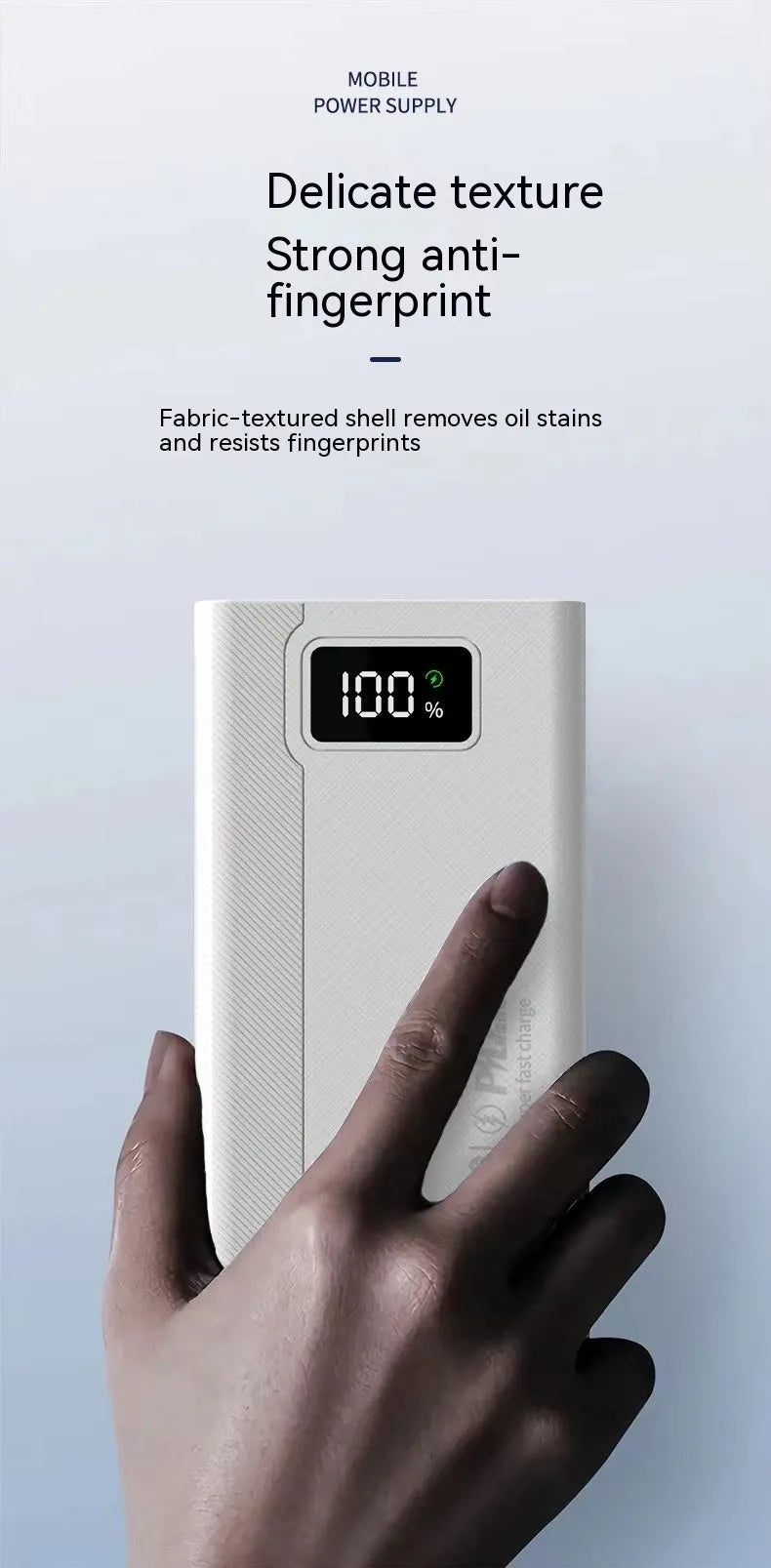Black and white large capacity power bank with fast charging, showing size comparison