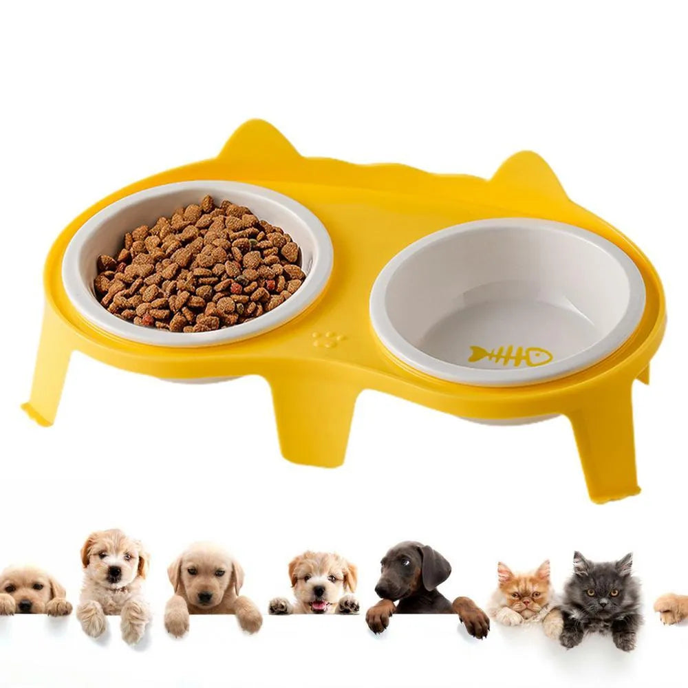 Blue ceramic tilted cat food and water bowls on a white ABS stand with a hook for a water bottle.