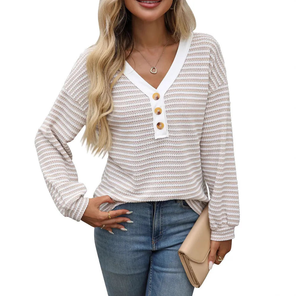 Women's loose fit V-neck long sleeve pullover top with patchwork design in apricot colour