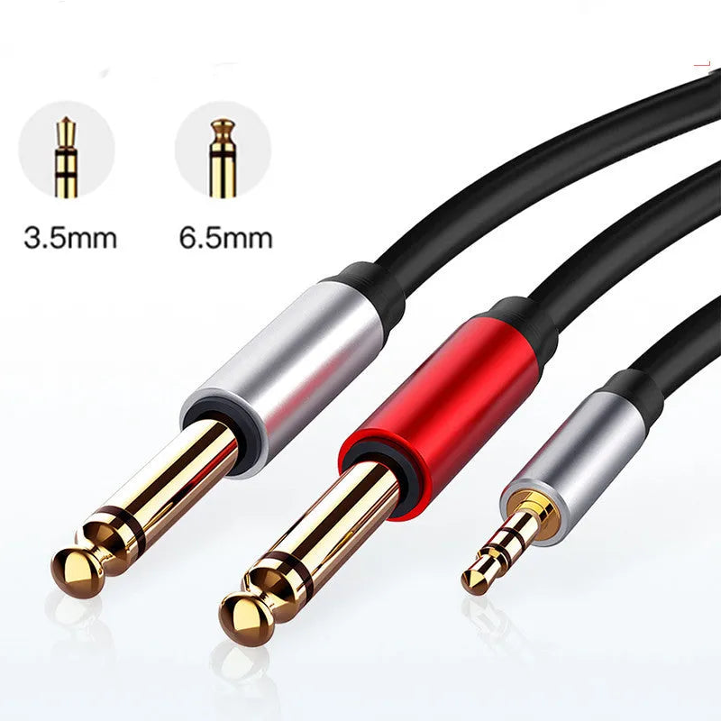 3.5mm to dual 6.5mm audio cable with gold-plated connectors in black PVC finish
