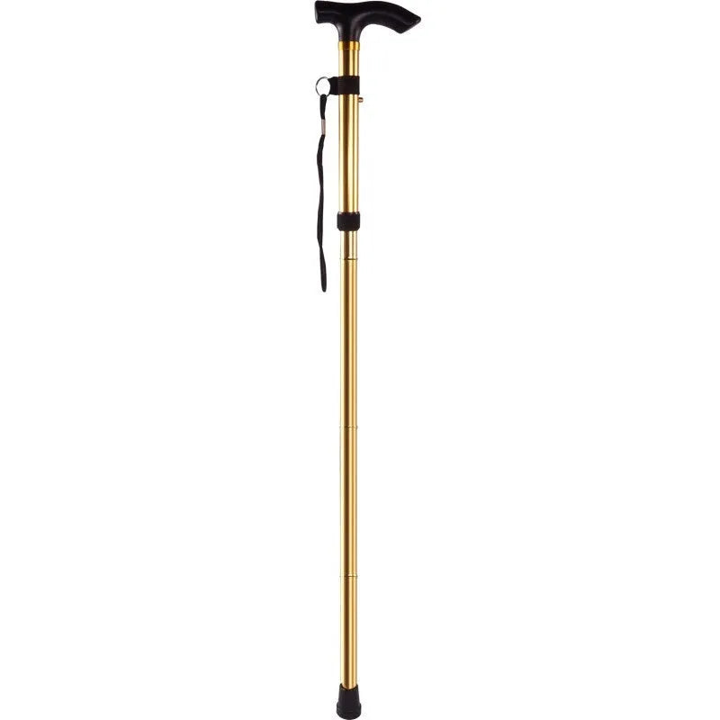 Aluminium folding walking stick extended to show height adjustment and non-slip rubber handle