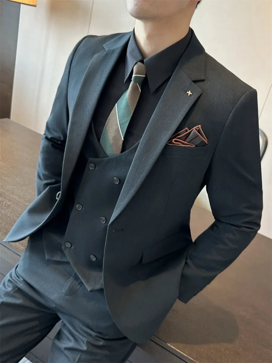 Men's slim fit business jacket in dark green, brown, or camel colour with adhesive interlining construction.