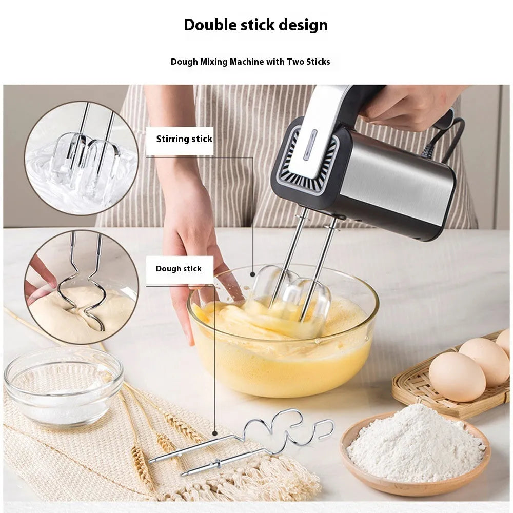 Silver handheld electric kitchen whisk with stainless steel beaters and speed control dial